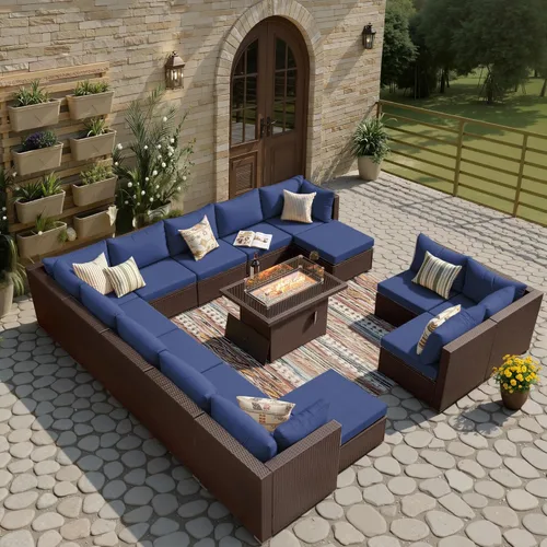 Miniatura 12 de BULEXYARD Juego de muebles de patio de respaldo alto de 7 piezas con mesa de fogata de combustible dual propano/gas natural, sofá seccional