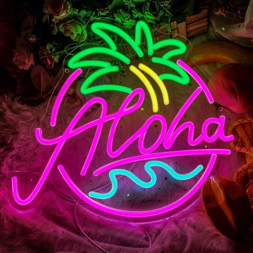 Aloha - Letrero de neón de palmera para fiesta en la playa, letrero LED de verano tropical Aloha para decoración de pared de bar Tiki hawaiano,
