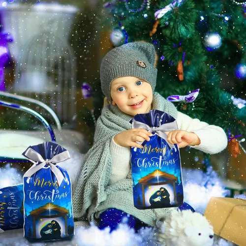 Miniatura 6 de Funrous 50 piezas de bolsas de regalo de Natividad - Bolsas de Navidad con cordón de plástico con lazos para regalos religiosos, Navidad, presentes