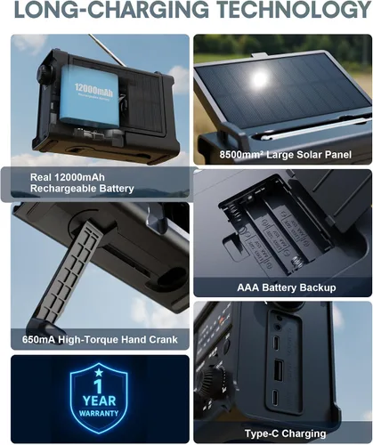 Miniatura 7 de OnLyee Radio de emergencia, radio meteorológica solar NOAA de manivela de 12000 mAh, radio AM/FM/WB con linterna LED de 5 W, luz de lectura, alarma