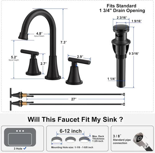 Miniatura 3 de Hurran - Grifos de baño para fregadero de 3 agujeros, juego central de 4 pulgadas y grifo de lavabo de baño negro mate con drenaje emergente, grifo