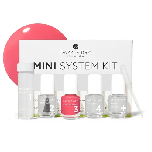 Dazzle Dry Mini Kit Sistema de 4 Pasos - Carnival Coral, un coral brillante y contundente de cobertura completa. Crema de cobertura completa. (Kit