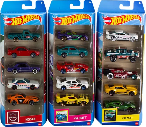 Hot Wheels Paquete de 5 autos o camiones de juguete, 3 juegos temáticos de 5 vehículos fundidos a presión a escala 1:64 para niños y coleccionistas,