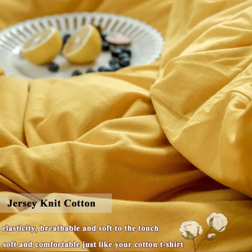 Miniatura 2 de VM VOUGEMARKET - Juego de funda de edredón de algodón de punto jersey de tamaño queen, juego de ropa de cama de algodón de color amarillo, Jersey-oro