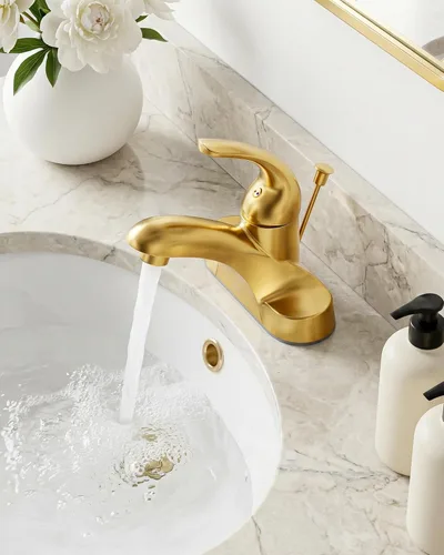 Miniatura 5 de WOWOW Grifo de baño de 4 pulgadas de un solo mango para fregadero de baño, llave de tocador de oro cepillado con conjunto de drenaje de barra