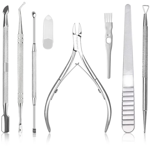 Juego de pinzas de cutícula con empujador de cutículas, 7 piezas de acero inoxidable profesional para cortar cutículas y removedor de cutículas, kit