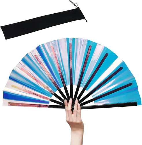 HeyToo Ventilador de mano plegable grande y brillante para fiesta, club nocturno, festival, Halloween, accesorios de traje de 13 pulgadas, azul