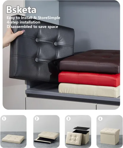 Miniatura 4 de Bsketa Otomana de Almacenamiento, Taburete Plegable con Asiento Acolchado de Espuma Más Gruesa, Otomana Pequeña de Cuero para Almacenamiento, Banco