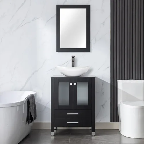Miniatura 22 de LUCKWIND Combinación de tocador de baño de 24 pulgadas con lavabo, serie elegante con marco pintado, armario de almacenamiento de baño de dos