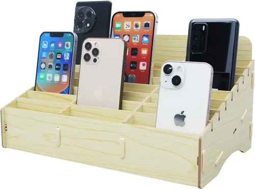 HengTianMei Soporte para teléfono celular de 24 rejillas, organizador de bolsillo para aula, caja de almacenamiento de madera, soporte para