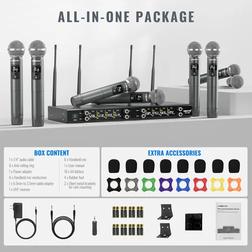 Miniatura 7 de Phenyx Pro Sistema de Micrófono Inalámbrico, Set de Micrófono Inalámbrico de Metal de 8 Canales con 8 Micrófonos Inalámbricos, Frecuencias UHF 8x20