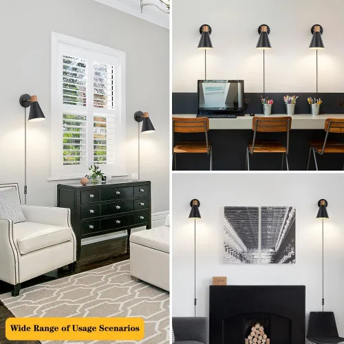 Miniatura 3 de Juego de 2 apliques de pared negros enchufables modernos, lámpara de pared para dormitorio con cable de encendido/apagado, aplique de madera