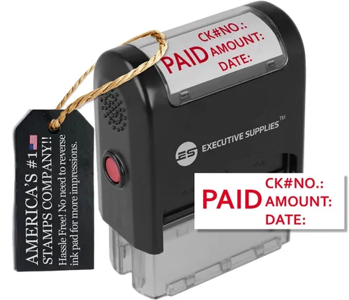 Miniatura 5 de Sello de cheque pagado, autoentintado, tinta roja, 3 líneas, rectangular, sello comercial
