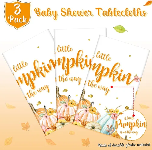 Miniatura 4 de WovWeave Paquete de 3 manteles de calabaza pequeña para decoración de fiesta de baby shower de otoño para niños y niñas, fundas de mesa para Acción