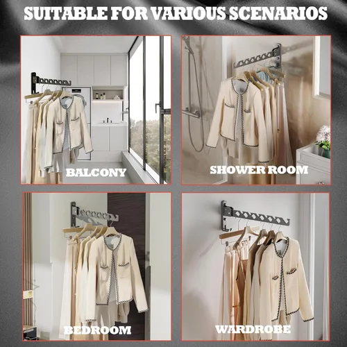 Miniatura 3 de Dr.DJ Soporte para colgar abrigos de pared, organizador de secado de ropa negra, ganchos de aluminio, retráctiles, plegables, para interiores