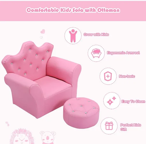 Miniatura 3 de HONEY JOY Sofá para niños, sofá tapizado de princesa con otomana, piel de PVC y cristal incrustado, muebles de dormitorio para bebé niña (rosa)