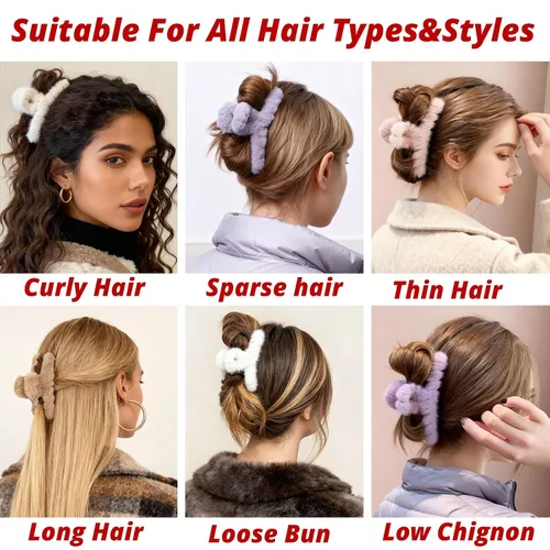 Miniatura 4 de VinBee 4 pinzas para el pelo de piel sintética, pinzas grandes de felpa para mujeres y niñas, horquillas de medio moño para cabello grueso, bonitos