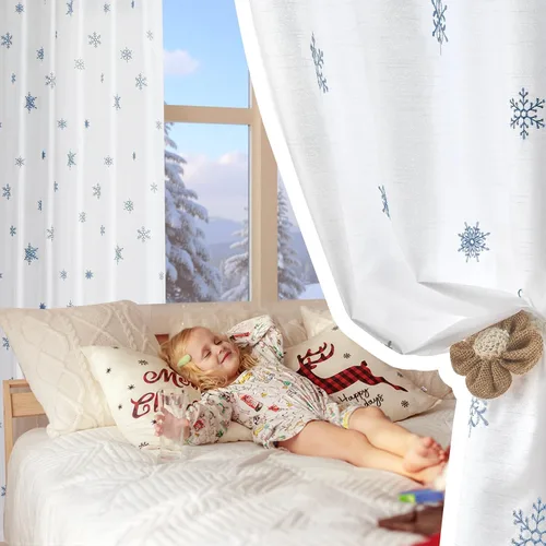 Miniatura 8 de JINCHAN Cortinas de copo de nieve de Navidad para sala de estar y dormitorio, cortinas bordadas azules y blancas, 84 pulgadas de largo (213.36 cm)