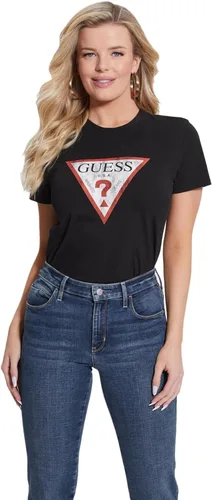 GUESS Camiseta esencial de manga corta con logotipo de ajuste clásico para mujer