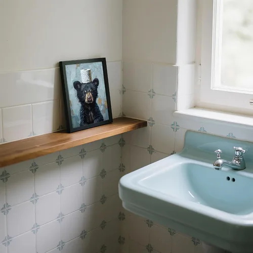 Miniatura 4 de Arte de pared de lienzo enmarcado para baño con oso negro tierno, decoración divertida para baño con animales, adorable oso con papel higiénico