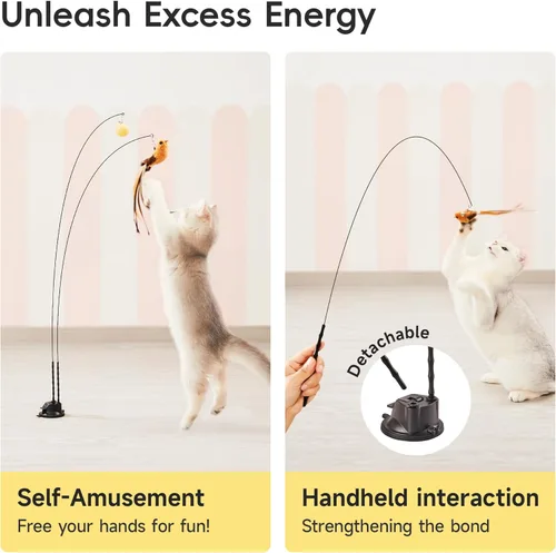 Miniatura 6 de Potaroma Juguete interactivo de varita para gatos con ventosa, doble varita para gatos de interior con 5 accesorios de bolas de plumas, base