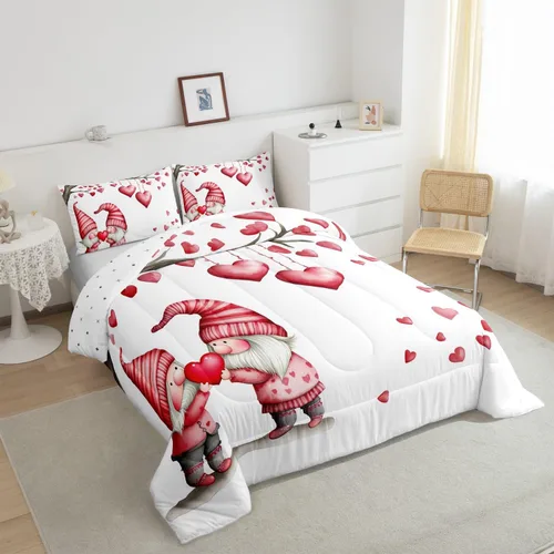 Miniatura 5 de Juego de edredón para el día de San Valentín, tamaño individual, ropa de cama romántica de gnomo para niños y niñas, pareja, con corazón rojo