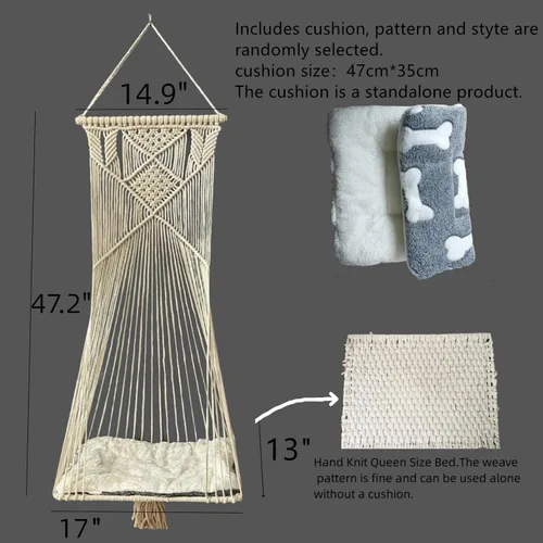 Miniatura 2 de Doralus - Cama para gato tipo hamaca de macramé, columpio cama para gato, jaula de cuerda de algodón colgante para gato, casa para gatos, juguete
