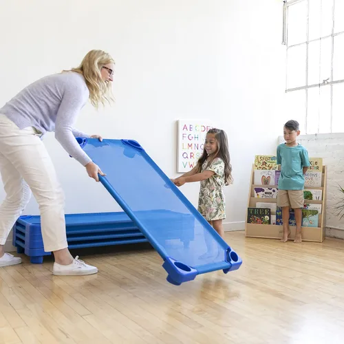 Miniatura 8 de ECR4Kids Cuna apilable para niños, lista para armar, tamaño estándar, mobiliario para aulas, azul, paquete de 6