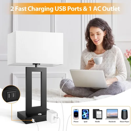 Miniatura 3 de Kondras Juego de 2 lámparas de mesa para dormitorios, 3 temperaturas de color, control táctil, lámparas de noche con 2 puertos USB y salida de CA