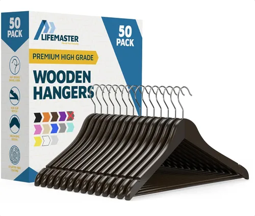 Miniatura 33 de Lifemaster Juego de perchas de madera - 50 piezas, antideslizantes, versátiles, ahorradoras de espacio para traje, abrigo, camisola, chaqueta