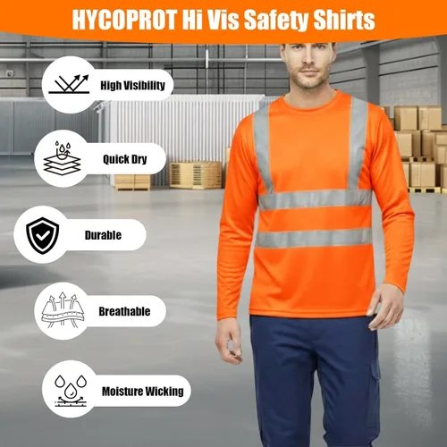 Miniatura 6 de HYCOPROT Hi Vis - Camisas de seguridad de manga larga de alta visibilidad, camisa reflectante para hombres y mujeres, camiseta de construcción
