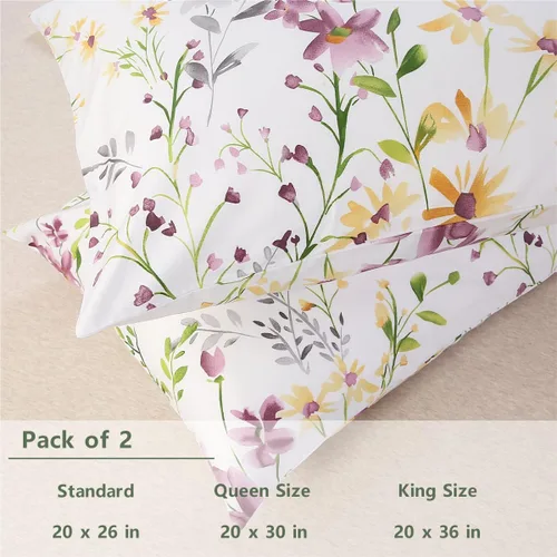 Miniatura 3 de URBONUR Juego de 2 fundas de almohada 100% algodón con estampado floral, fundas de almohada decorativas de tamaño estándar suaves, transpirables