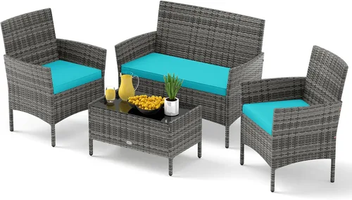 Miniatura 12 de RELAX4LIFE Juego de muebles de patio de 4 piezas – Juego de muebles de ratán para conversación al aire libre con cojines, mesa de centro de cristal
