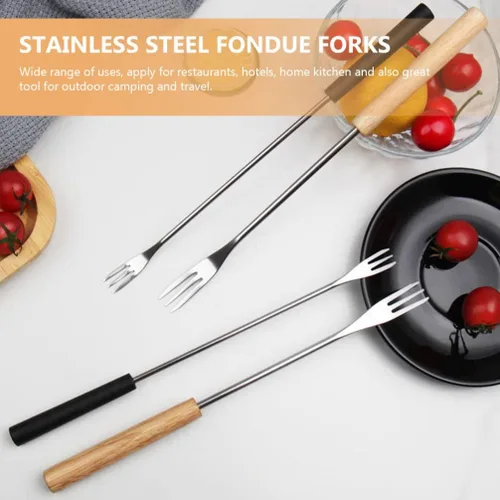 Miniatura 2 de CALLARON 12 tenedores para fondue de acero inoxidable, mango de madera, tenedor de chocolate, herramientas de fondue de queso, tenedores de fondue