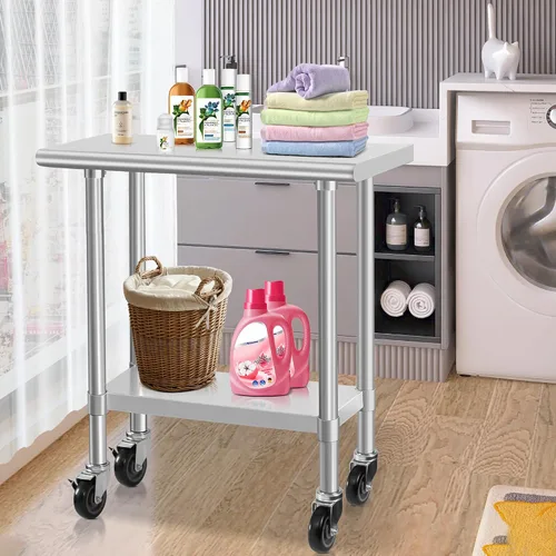 Miniatura 7 de HARDURA Mesa comercial de acero inoxidable para preparación y trabajo con ruedas, mesa de metal resistente con ruedas, NSF 430, 14 x 30 pulgadas