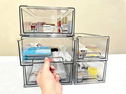 Miniatura 6 de Cajones de almacenamiento apilables, organizador extraíble transparente con asas y almohadillas antideslizantes para cocina, refrigerador
