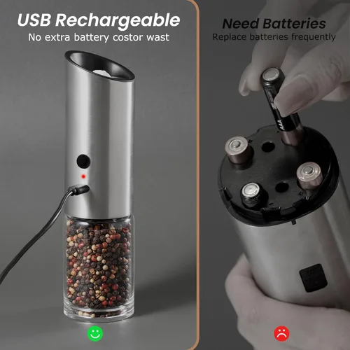 Miniatura 4 de VEVOK CHEF Juego de molinillo eléctrico de sal y pimienta, recargable con luz LED, tipo C, gravedad automática, acero inoxidable, molino