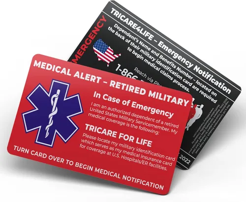 Tarjeta de alerta médica militar retirada de Estados Unidos - Solo dependientes militares - Información de contacto médico de emergencia para