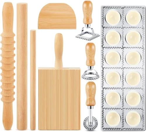Miniatura 10 de Tioncy Juego de 7 piezas de herramientas para hacer pasta con tabla de gnocchi de madera, sello para raviolis, fabricante de raviolis y rodillo