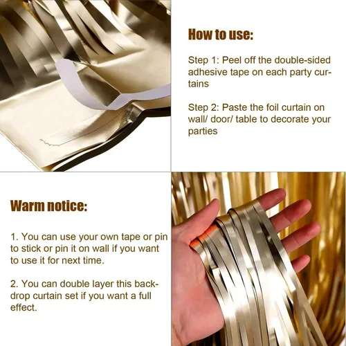 Miniatura 3 de Pack de 4 cortinas de flecos de papel de aluminio dorado champán, 3.3 pies x 9.8 pies, cortinas de tiras metálicas de papel de aluminio para Paquete