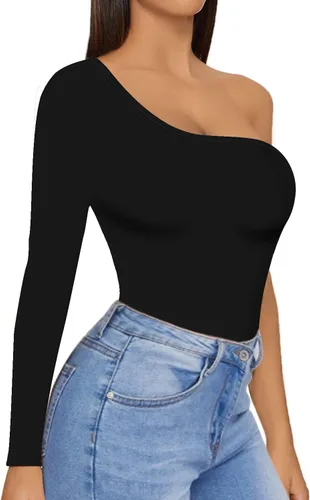Miniatura 3 de MANGOPOP Women's One Shoulder Off Sleeveless Long Sleeve Tank Top Bodysuit Jumpsuits