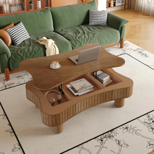 Miniatura 44 de 31.52" Square Lift Top Coffee Table with Storage, Natural Rattan & Hemp Rope, Adjustable Function, Vintage Farmhouse Center Table for Living Room