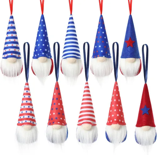 Juego de 10 adornos colgantes para el Día de la Independencia del 4 de julio, gnomos patrióticos, hechos a mano, felpa, regalo del día de la
