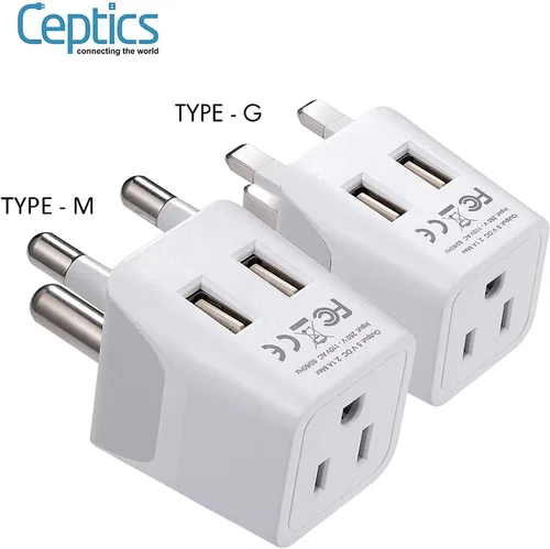Miniatura 2 de Ceptics Juego de enchufes de viaje para Sudáfrica, con 2 USB + entrada de enchufe de EE. UU., tipo M y tipo G, ultra compacto, conexión a tierra