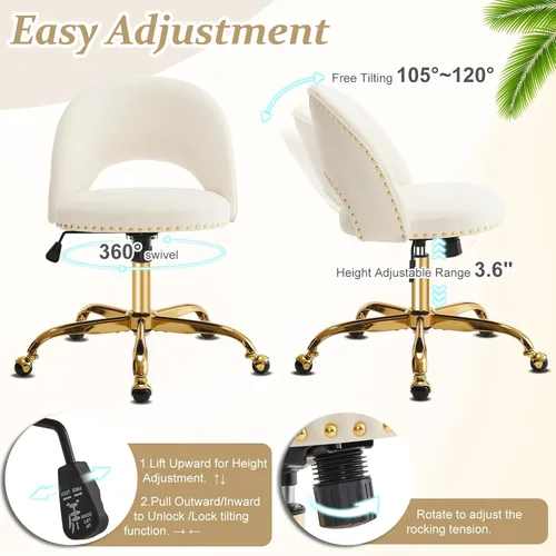 Miniatura 5 de VINGLI Silla de Oficina Pequeña de Terciopelo Moderna, Linda Silla de Escritorio con Ruedas, Base/Tachuelas Doradas, Cómoda Silla Giratoria sin