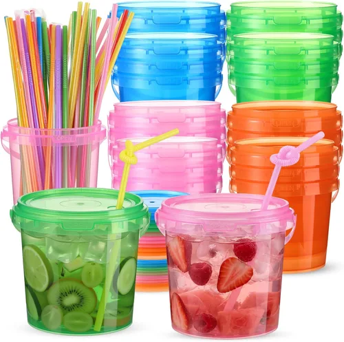 Miniatura 18 de Funnymoom Paquete de 36 cubos de plástico para ron para bebidas con pajita, cubeta de cóctel para helado, con tapas y asas, recipientes de alimentos