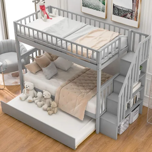 Miniatura 10 de Harper&Bright Designs - Litera individual sobre individual con barandilla de seguridad, escalera, cama nido individual con 3 cajones para niños