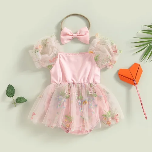Miniatura 23 de Mameluco para bebés y niñas de 3, 6, 9, 12, 18 meses, enterizo de manga corta, fruncido, faldas y dobladillo, diadema