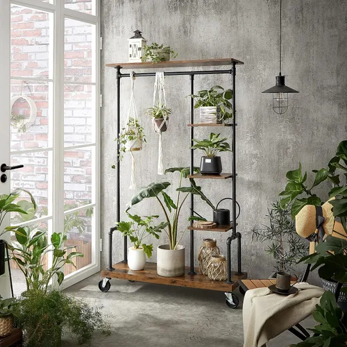 Miniatura 8 de VASAGLE UHSR66BX - Perchero para ropa con ruedas, organizador de ropa portátil con 5 niveles, estilo de tubería industrial, marrón rústico