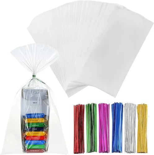 Miniatura 15 de 200 bolsas de celofán planas de celofán de 7 x 12 pulgadas con lazos torcidos de 6 colores, embalaje de galletas, dulces, postres de regalo, bolsas